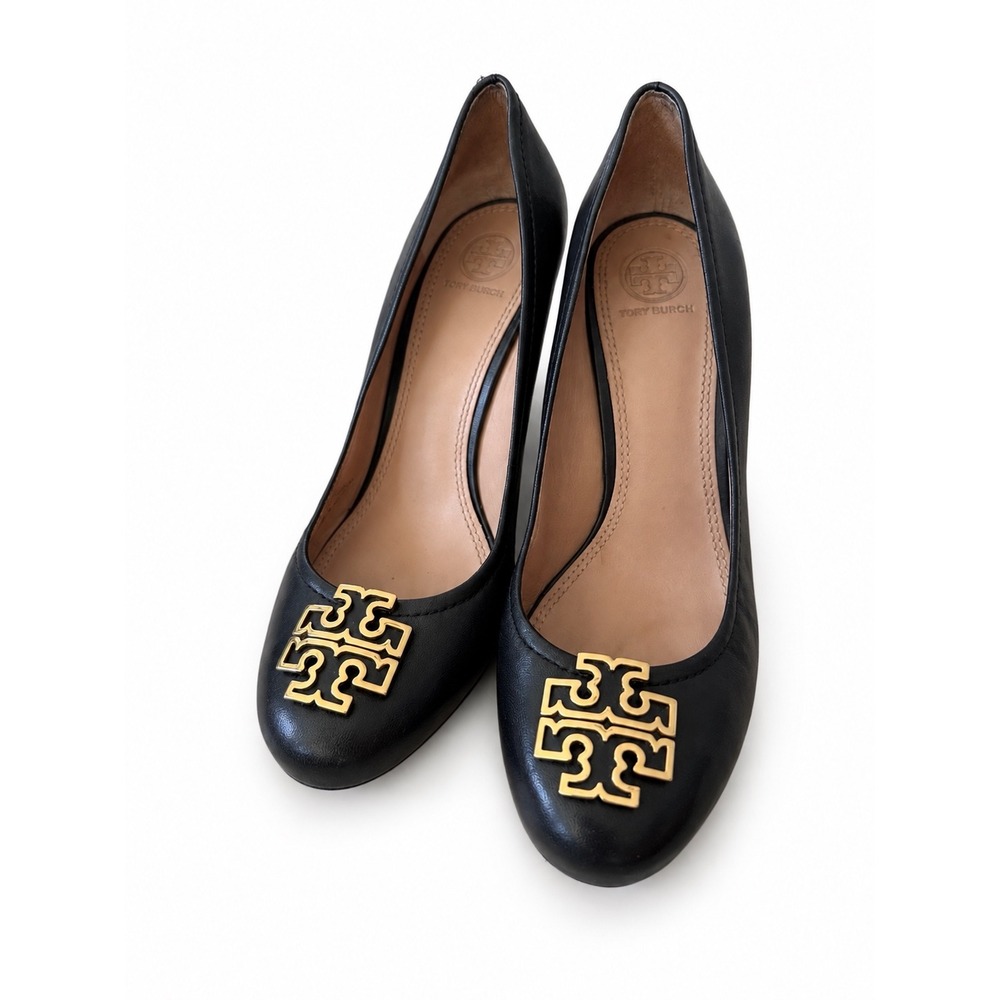 Tory Burch Sally Wedge Pumps Women 9 Black Good Gold Logo Medallion Leather